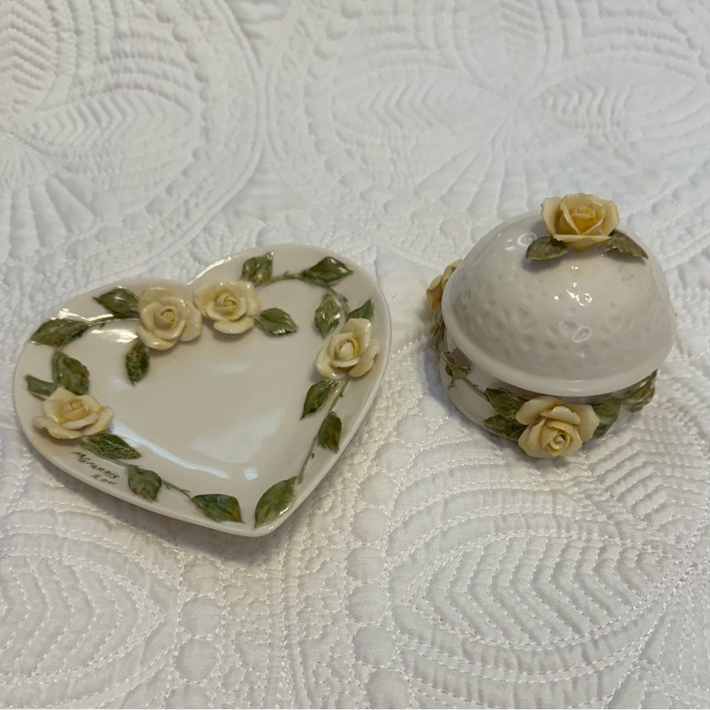 Godinger Porcelain Trinket Dish and Trinket Jar with Rose Accents